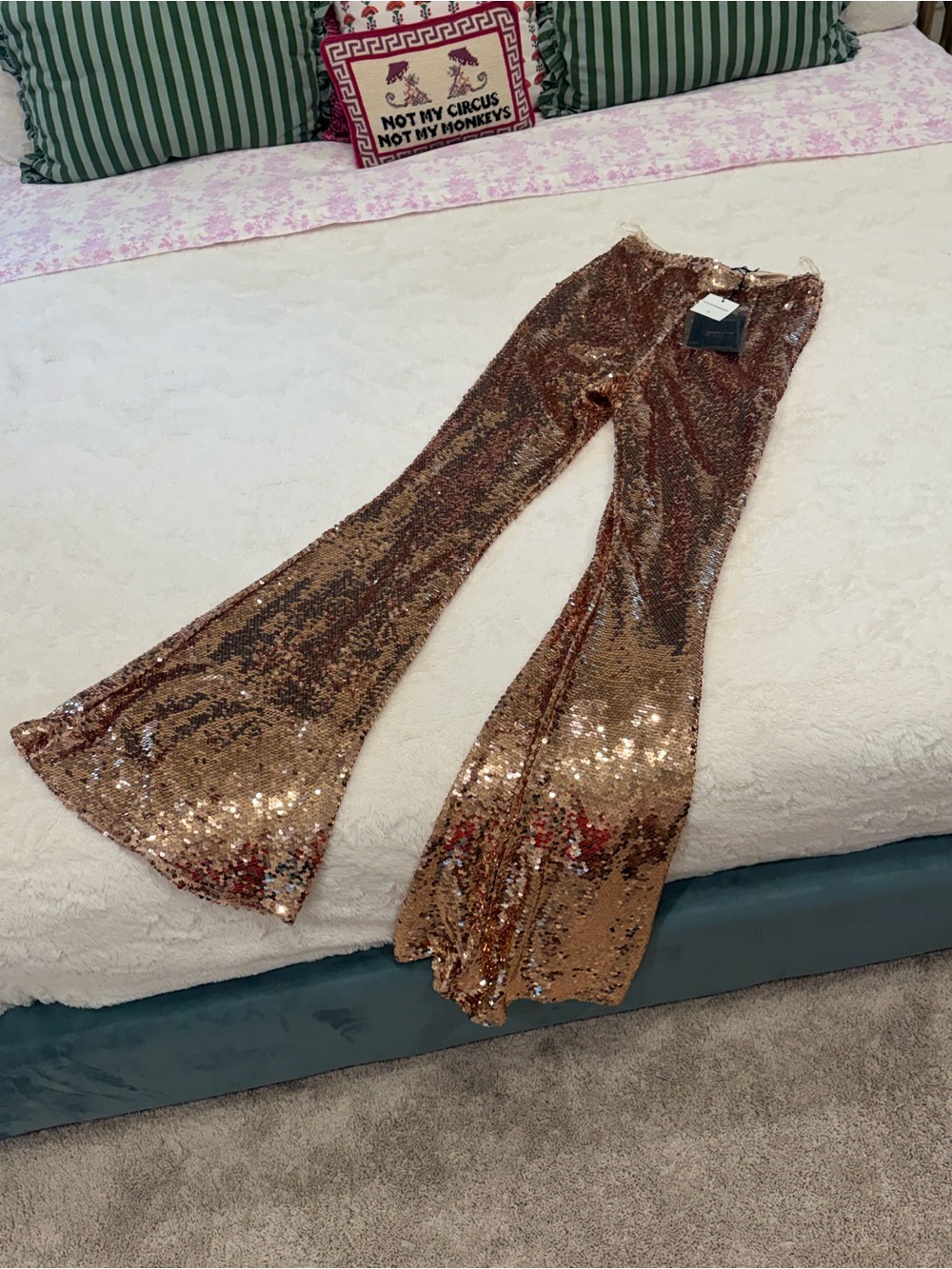 NWT Oh Polly Rose Gold Sequin Flare Pants Size 6 US